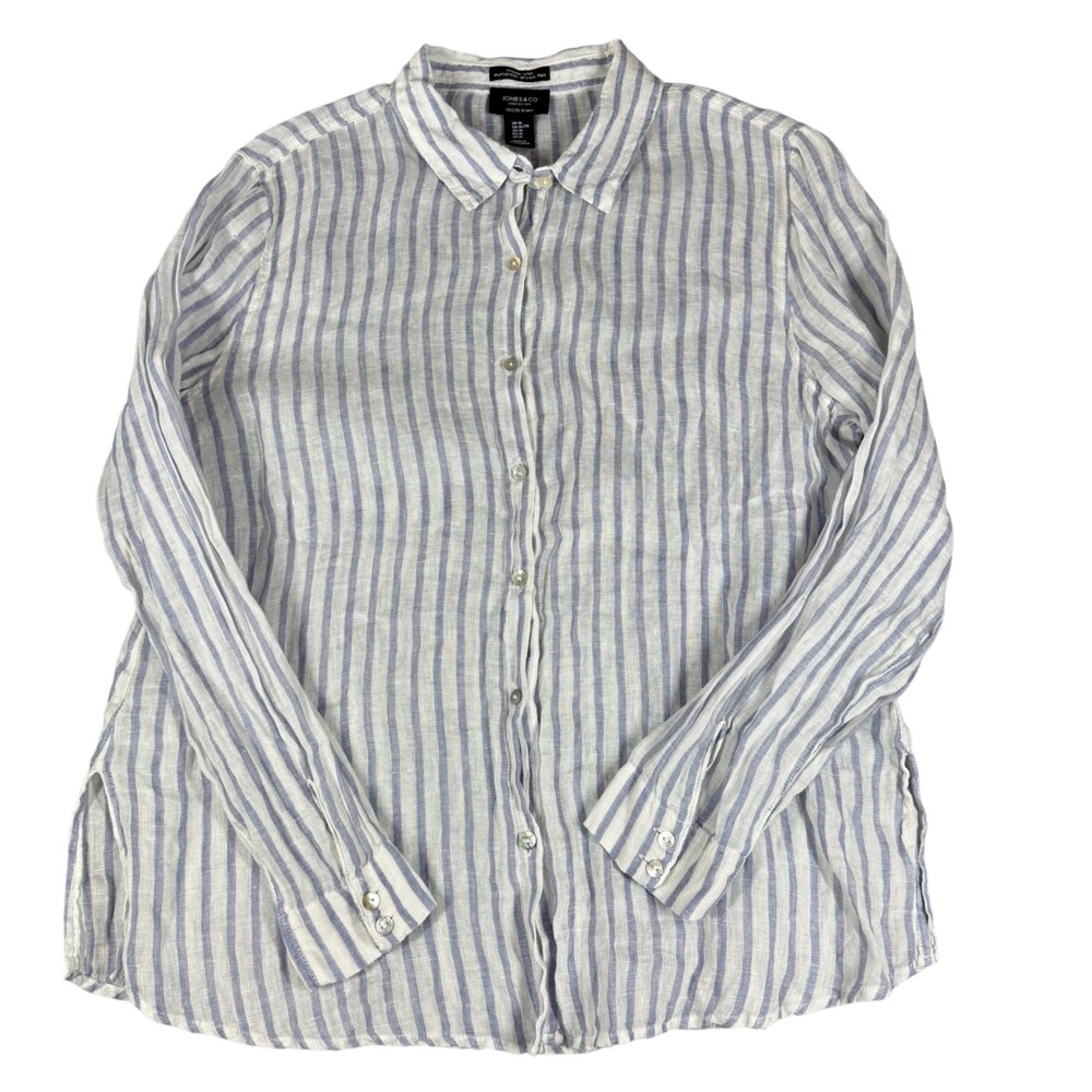 Jones & Co Jones New York 100% Linen Striped Button Down Shirt Blue White XL
